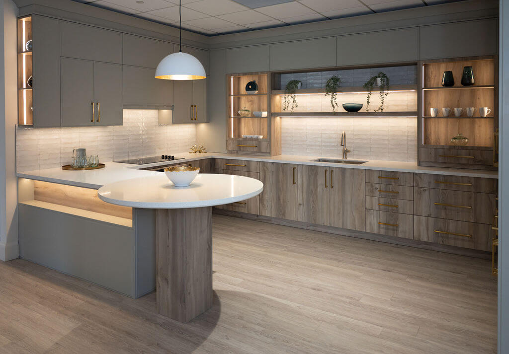 Stained lower cabinets: a more expansive look and longer lasting cabinets.